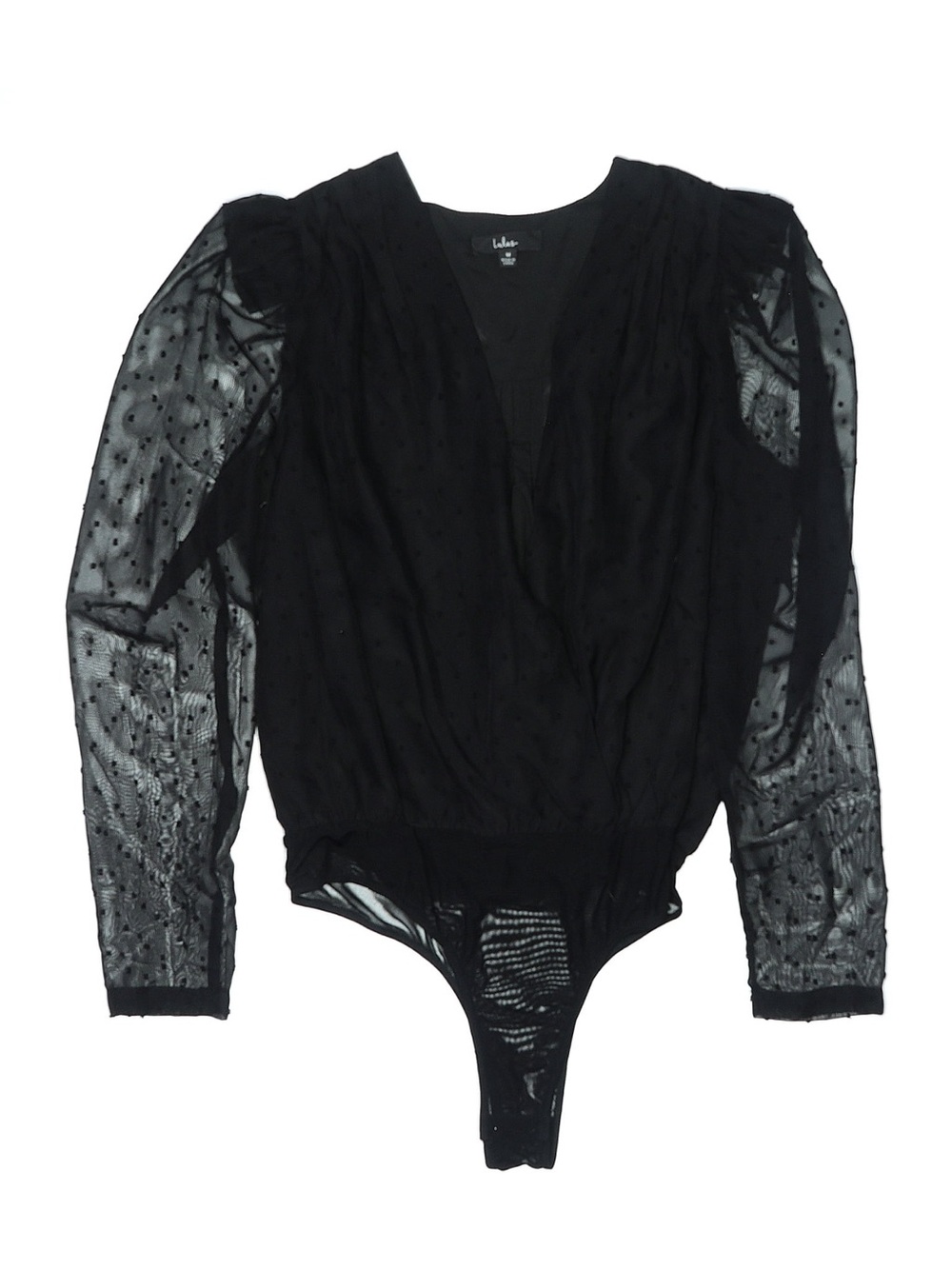 Lulus Black Mesh Polka Dot V-Neck Long Sleeve Bodysuit M